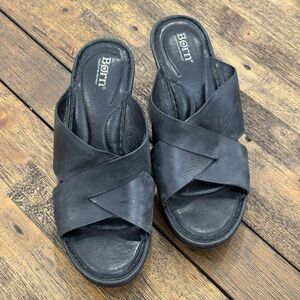 Born Coney Platform Sandals Slide Cross Strap Womens 10 F23703 Black‎ Leather